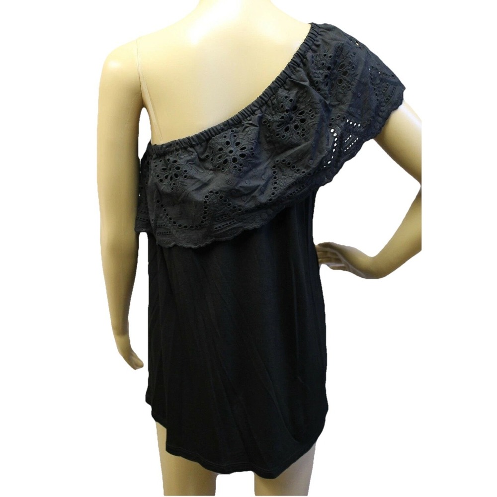 Cable Gauge Women Top L Blouse Tunic Cotton One-Shoulder Knit Embroidered Black